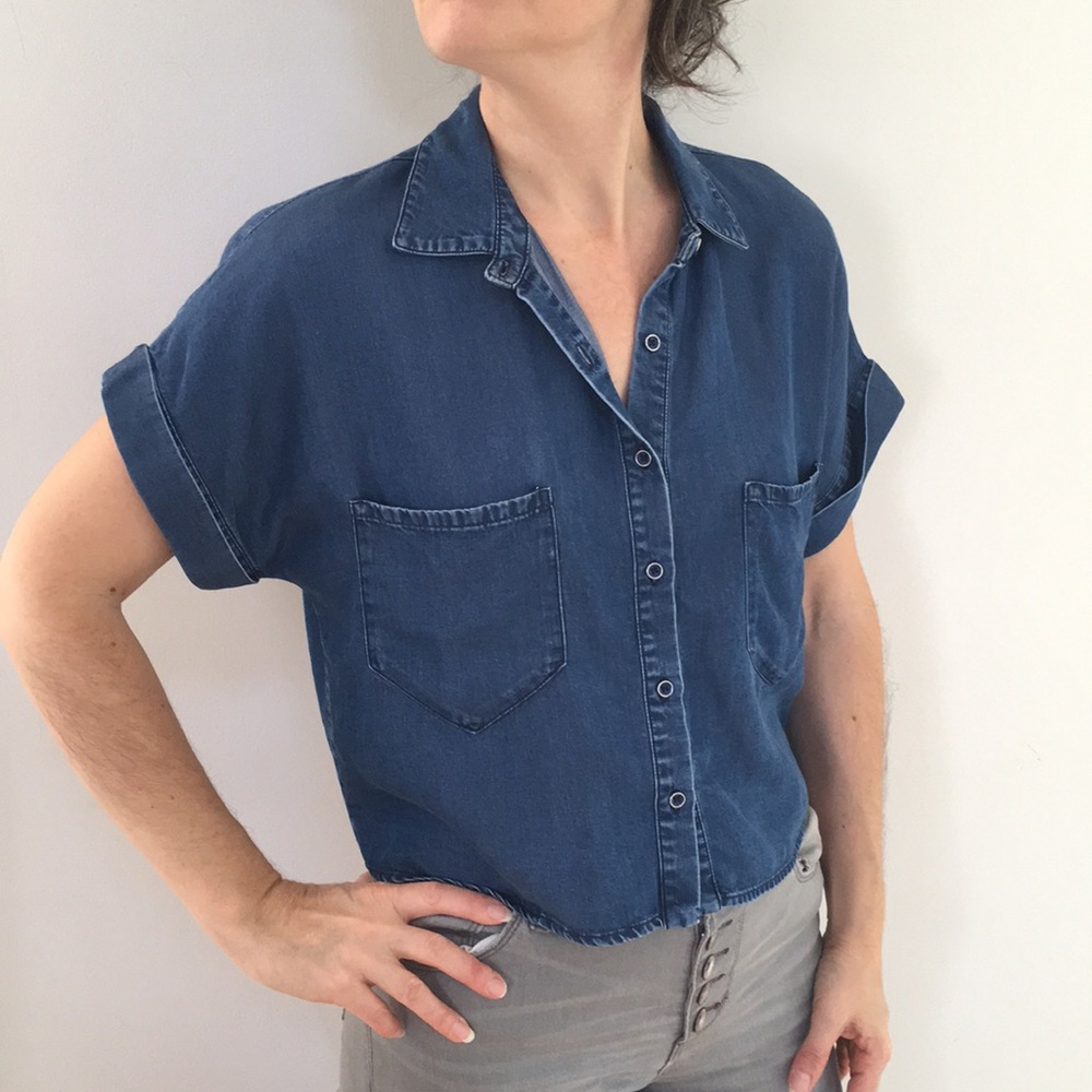 Zara Cropped Short Sleeves Denim/Chambray Shirt, S